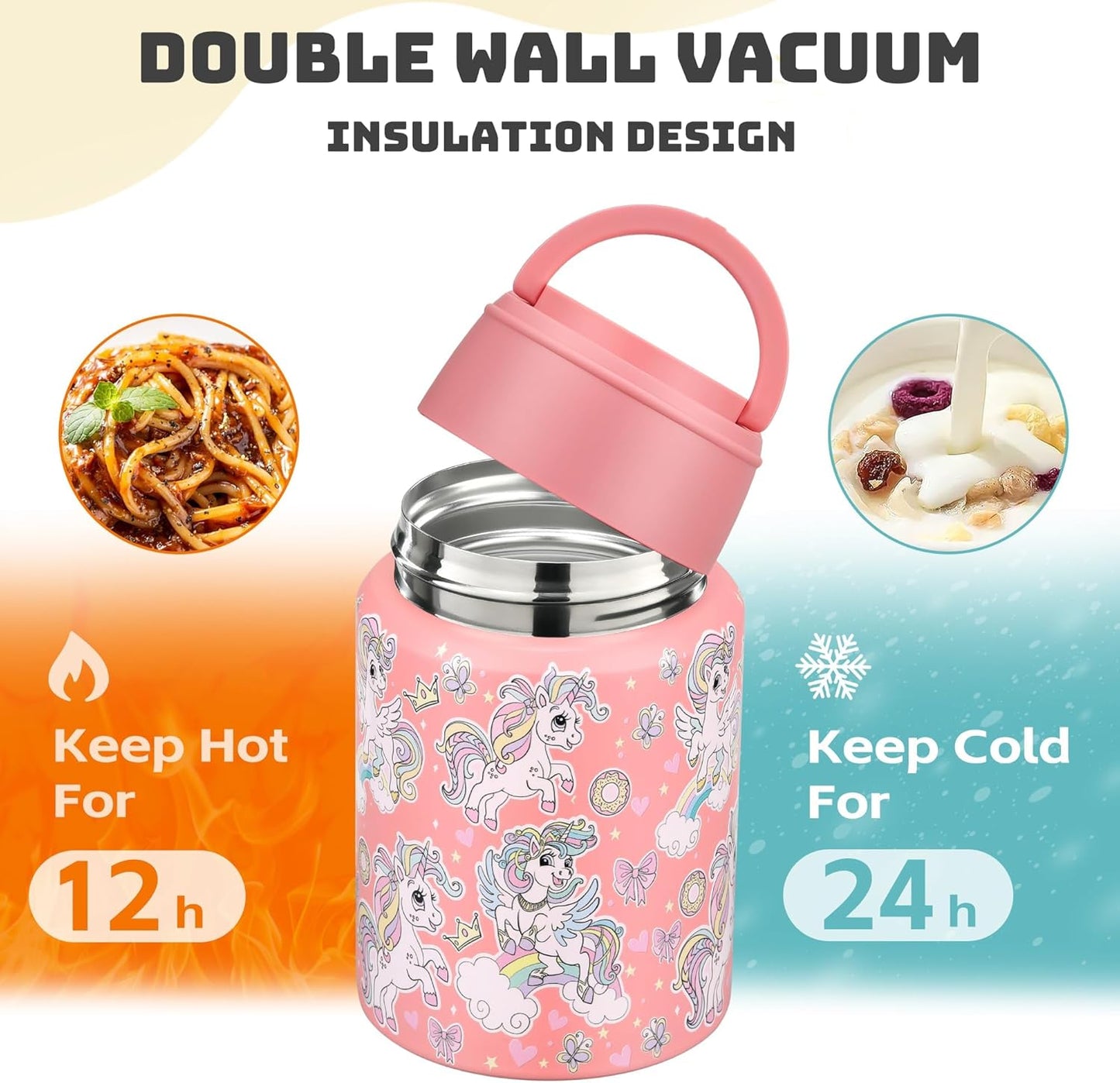 Soup Thermo for Hot Food Kids 16oz Insulated Food Jar Leakproof Thermo Lunch Container for Kids Wide-Mouth Stainless Steel Lunch Box for School with Handle Folding Spoon(3+)