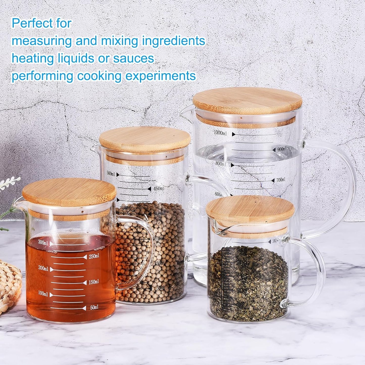 PATIKIL 350ml Glass Measuring Cup, 3.3 Borosilicate Glass Graduated White Printed Scale Liquid Measure Cups Beaker with Wood Lid and V-Shaped Spout for Kitchen