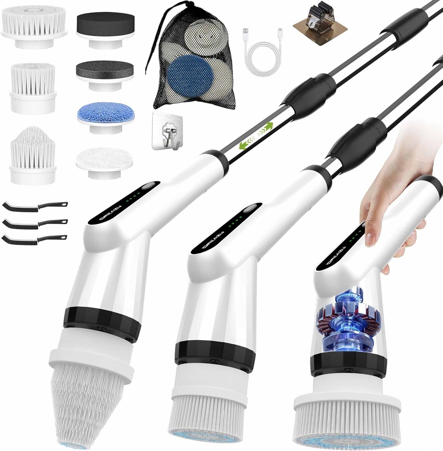 Electric Scrubber Brush, IPX7 Electric Scrubber for Shower, Electric Cleaning Brush Scrubber with 7 Replaceable Brush Heads & Retractable Handle, 2-Speed Adjustable Spin Cleaning Brush