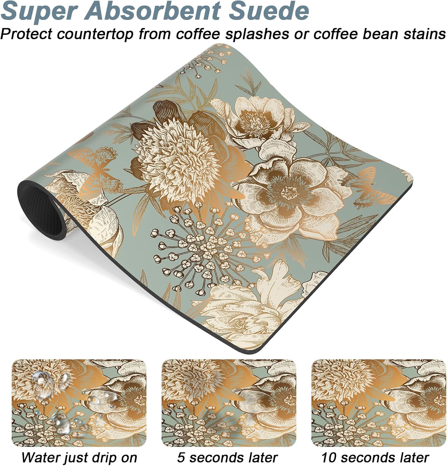 Rnivvi Coffee Mat, 12" x 19" Cute Coffee Bar Mats for Espresso Machine Station Accessories and Organizer, Hide Stain Rubber Backed Absorbent Dish Drying Pad for Kitchen Counter, Retro Flower