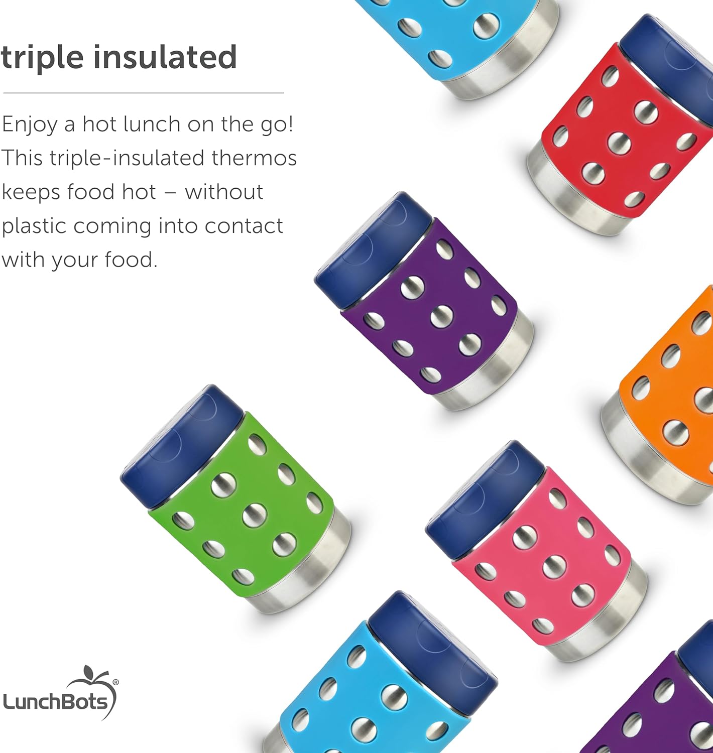 LunchBots Thermal 12 oz Triple Insulated Thermos - Hot 6 Hours or Cold 12 Hours - Leak Proof Thermos Soup Jar - All Stainless Interior - Navy Lid - Aqua Dots