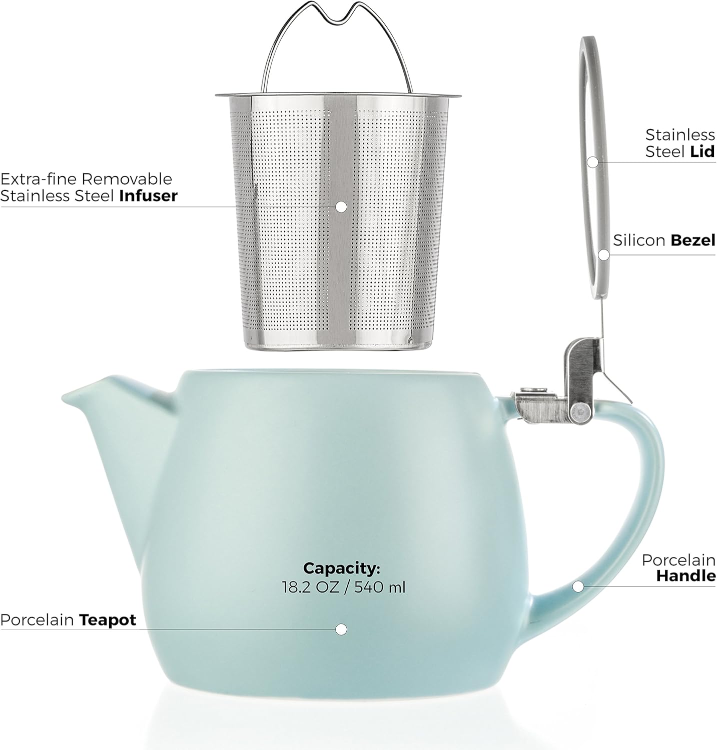 Tealyra - Pluto Porcelain Small Teapot Turquoise - 18.2-ounce (1-2 cups) - Matte Finish - Stainless Steel Lid and Extra-Fine Infuser To Brew Loose Leaf Tea - 540ml