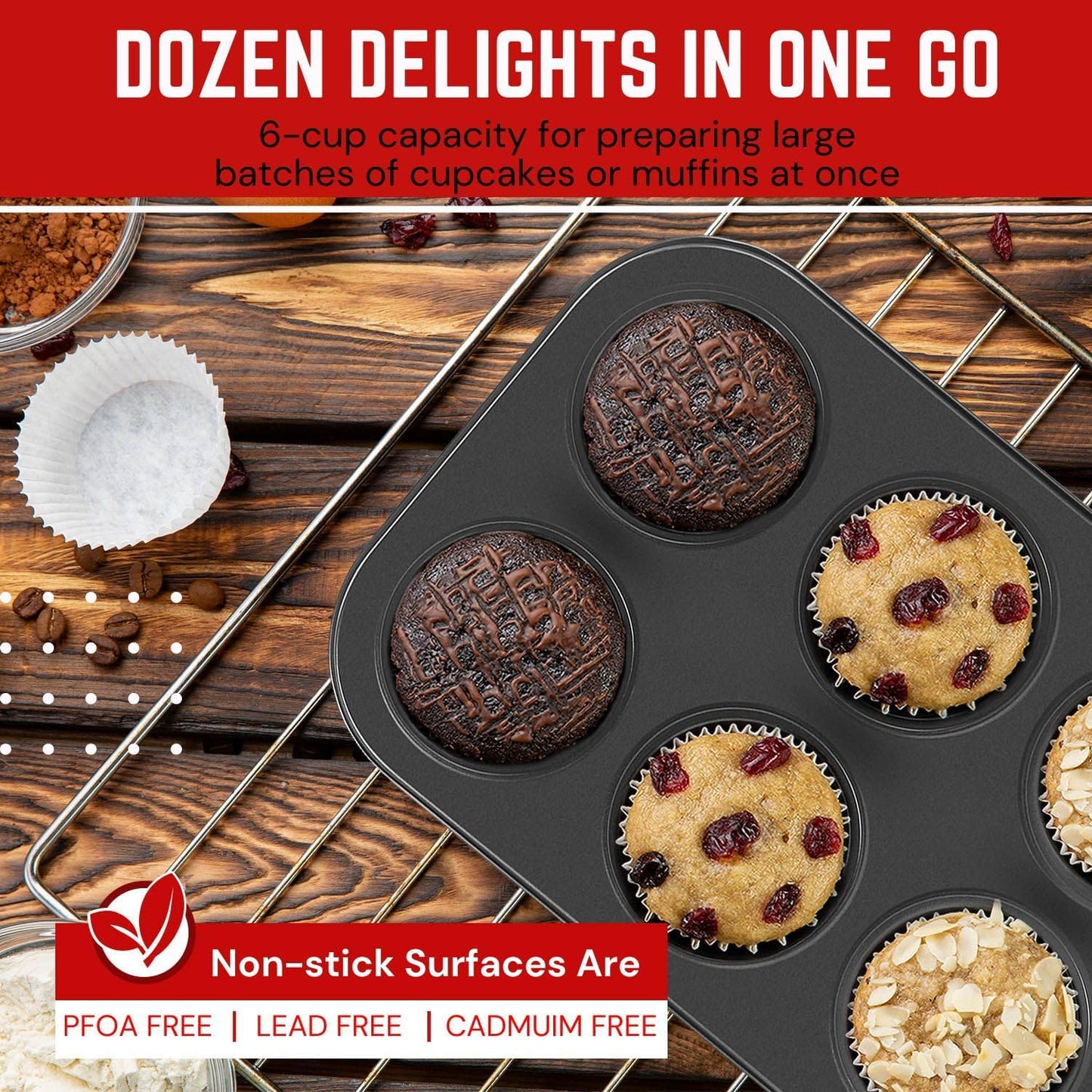 Flexzion Muffin Tray Cupcake Baking Pan 2 Pack, 6-Cup Nonstick Carbon Steel Muffin Tins Non-Stick Cupcake Tin Bakeware Accessories for Baking Cupcakes Muffin Brownies Snacks, Easy Clean, Fridge Safe