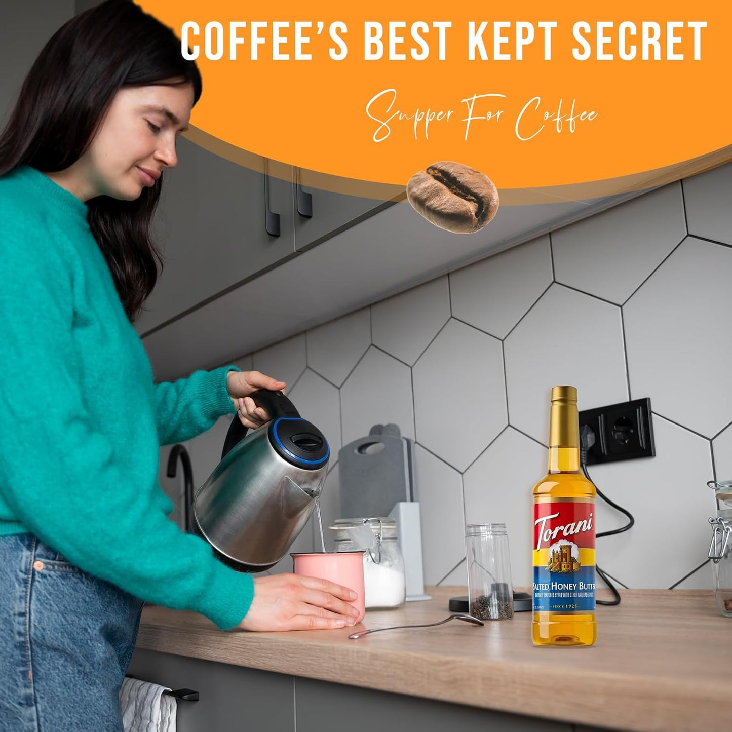 Jimoco® Syrup Pump Dispenser + Torani® Salted Honey Butter Syrup, 25.4 oz - Coffee Syrup Pump & Flavoring Bundle