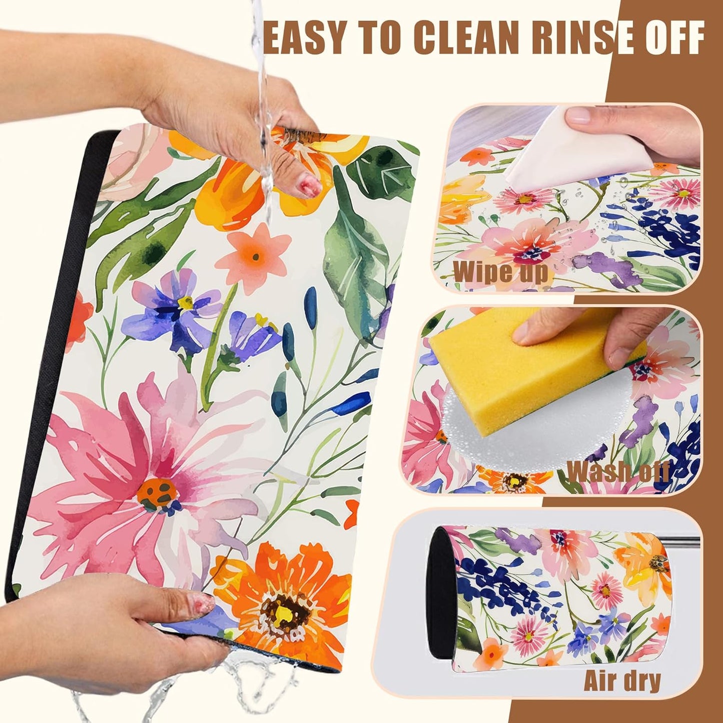 Dish Drying Mat Colorful Wildflowers Coffee Bar Mat for Countertop Absorbent Rubber Backed Hide Stain Dish Drainer Rack Pad Espresso Machine Cafe Table Dining Room Decoration 11.8 x 19.7 Inch