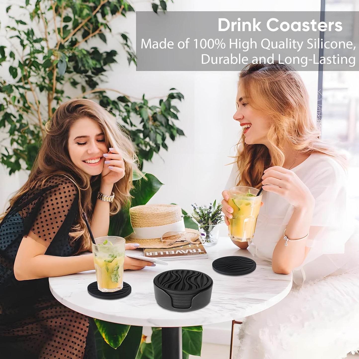 6 Pack Rubber Drink Coasters,Coasters for Drink with Holder,Silicone Cup Mat Non-Stick,Non-Slip,Thickened Live for Hot or Cold Drink-Pure Black