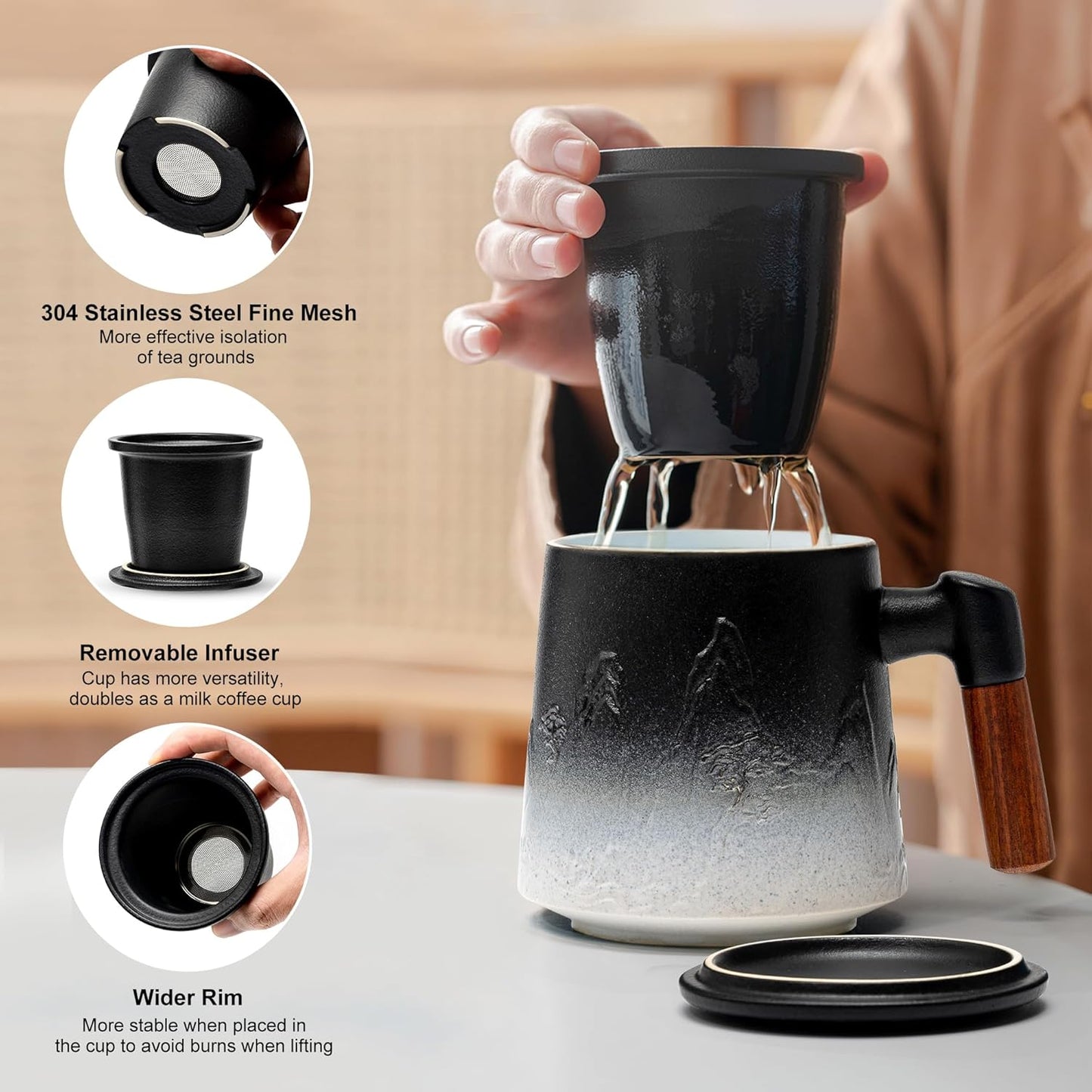 suyika Ceramic Tea Cup with Infuser and Lid, Gradient Embossed Large Tea Mug Wooden Handle for Steeping Loose Leaf, Tea Lover Gifts 15.2 oz / 450 ml,Matte Black