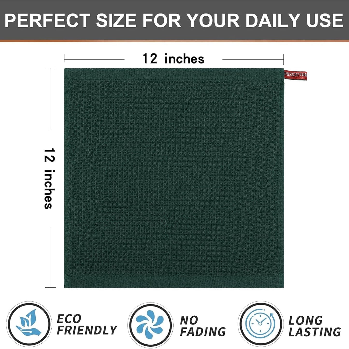 Kitinjoy 100% Cotton Kitchen Dish Cloths, 8 Pack Waffle Weave Ultra Soft Absorbent Dish Towels for Drying Dishes Quick Drying Kitchen Towels Dish Rags, 12 X 12 Inches, Blackish Green