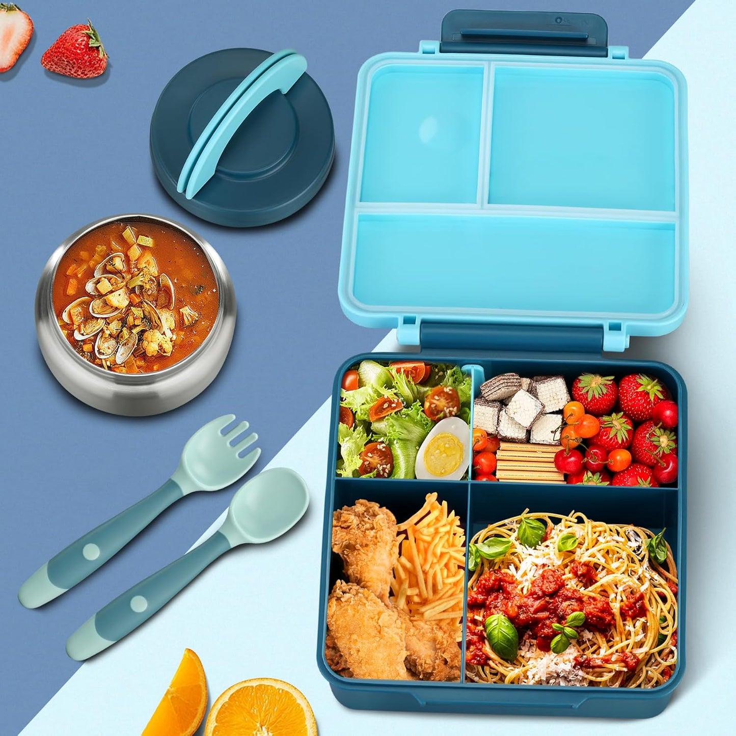Bento Lunch Box for Kids with 8oz Soup Thermo&Lunch Bag, Leak-Proof Lunch Food Containers with 4 Compartment, Hot Food Insulated Food Jar for Kids School (Blue)