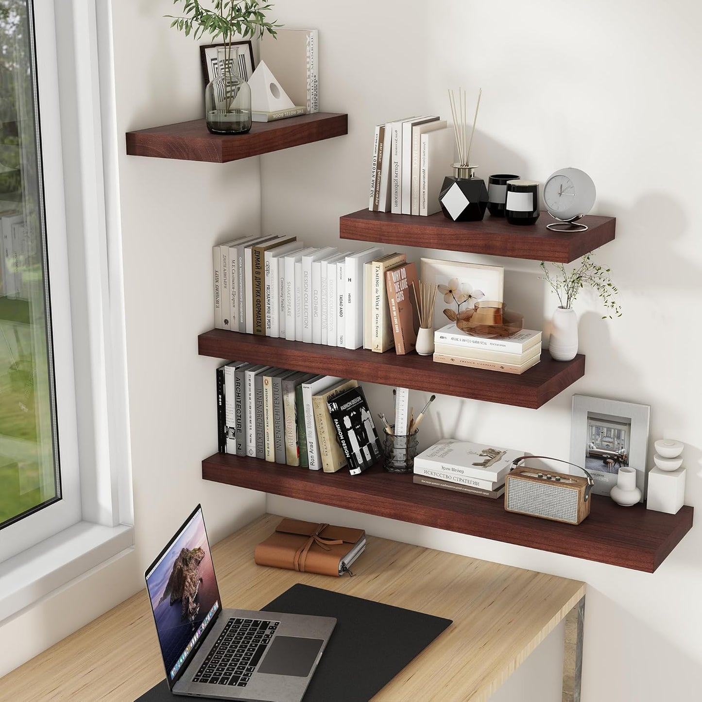 Fun Memories 9 Inch Deep Floating Shelves, Rustic Solid Wood Floating Shelf 16 Inch Long, 16 x 9 Wide Bathroom Shelves for Storage & Display, Red Brown