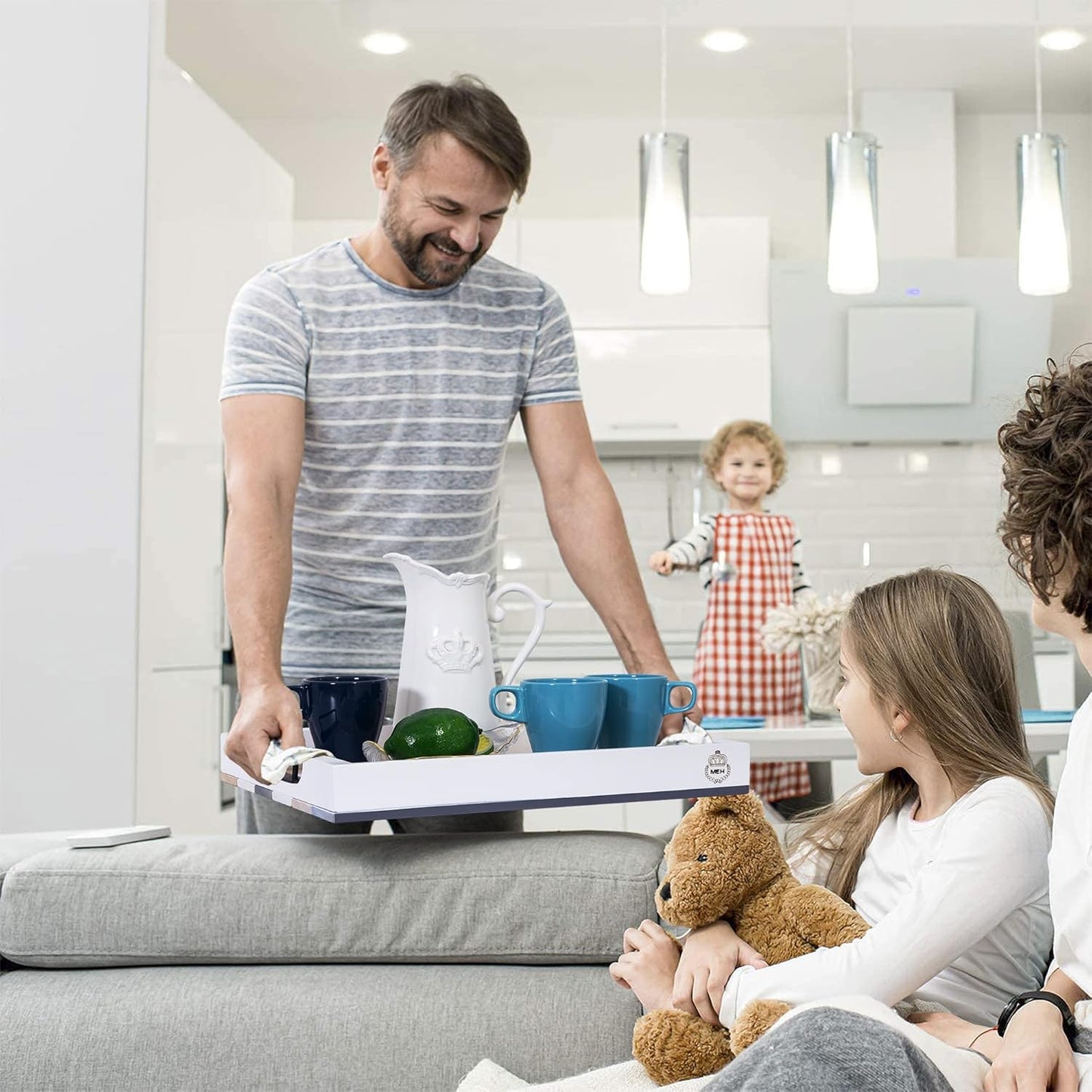 Wood Serving Tray with Metal Handle for Ottoman, Modern Rectangle Coffee Table Tray for Food Eating, White Decorative Tray, Size 17''x13'', Multicolor