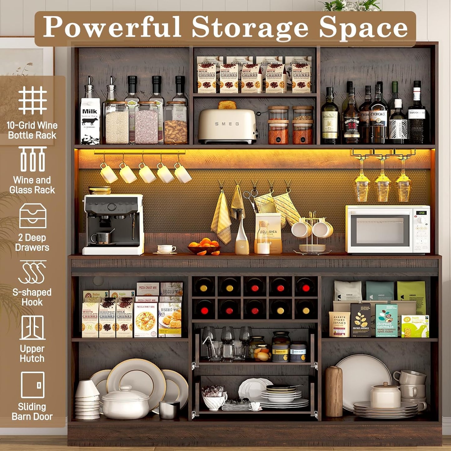 74" Tall 63" Wide Large Coffee Bar Cabinet w/Outlet,6000-color LED Light,Pegboard,Farmhouse Hutch Cabinet w/Barn Door,2 Big Drawers,Adjustable Shelves,10 Wine & Glasses Rack,5 Hook for Kitchen,Brown