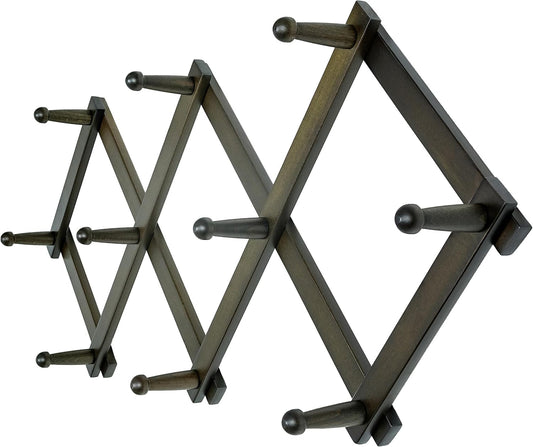 Dseap Accordion Wall Hanger: 16" High Wooden Expandable Coat Rack,Hat Rack,Accordion Hook Wall Mount for Baseball Caps,Coats,10 Peg Hooks,Dark Walnut