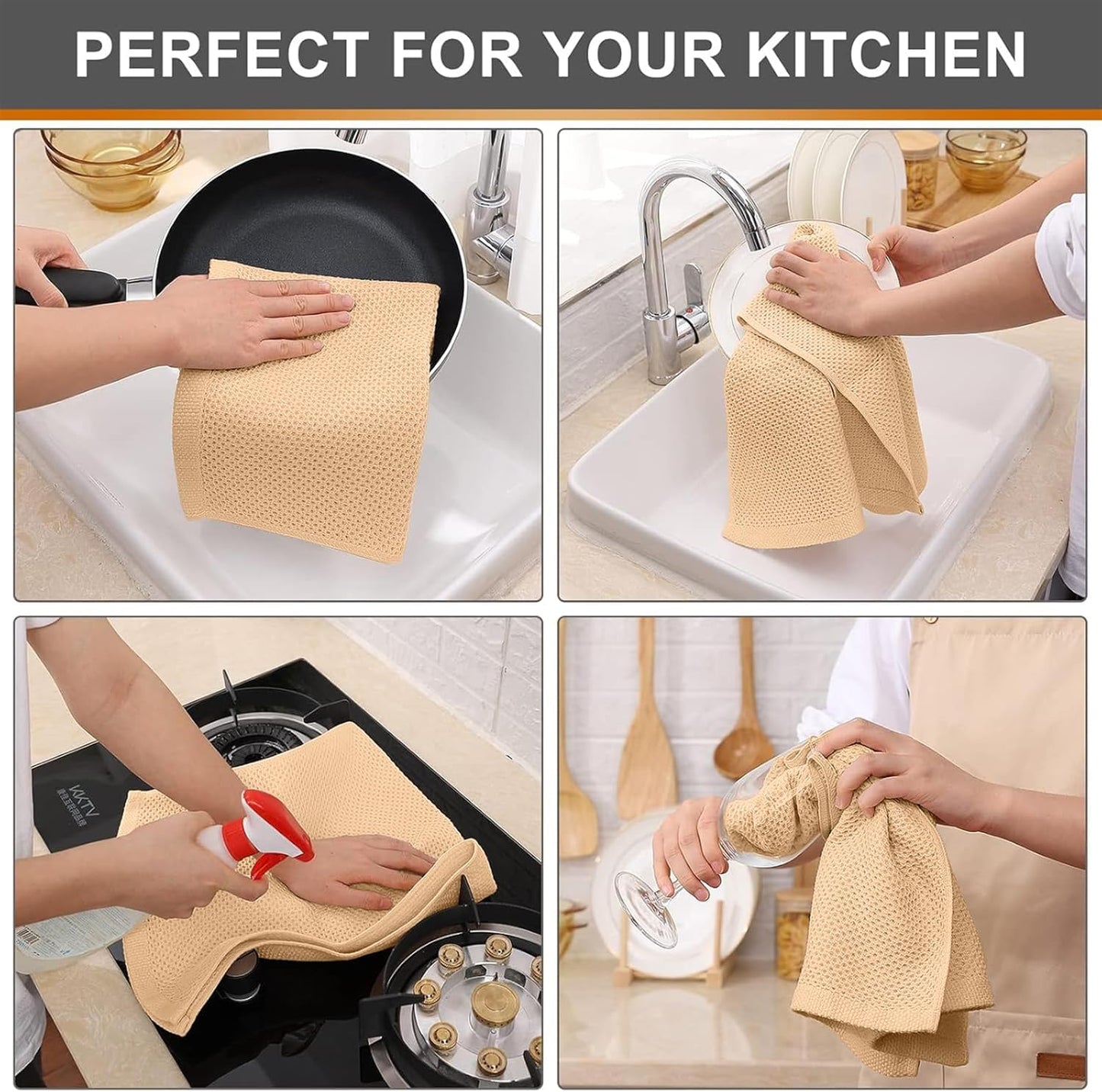 Kitinjoy 100% Cotton Waffle Weave Kitchen Towels (13 X 28 Inches, Apricot), 4-Pack Super Soft and Absorbent Dish Towel for Drying Dishes, Kitchen Hand Towels