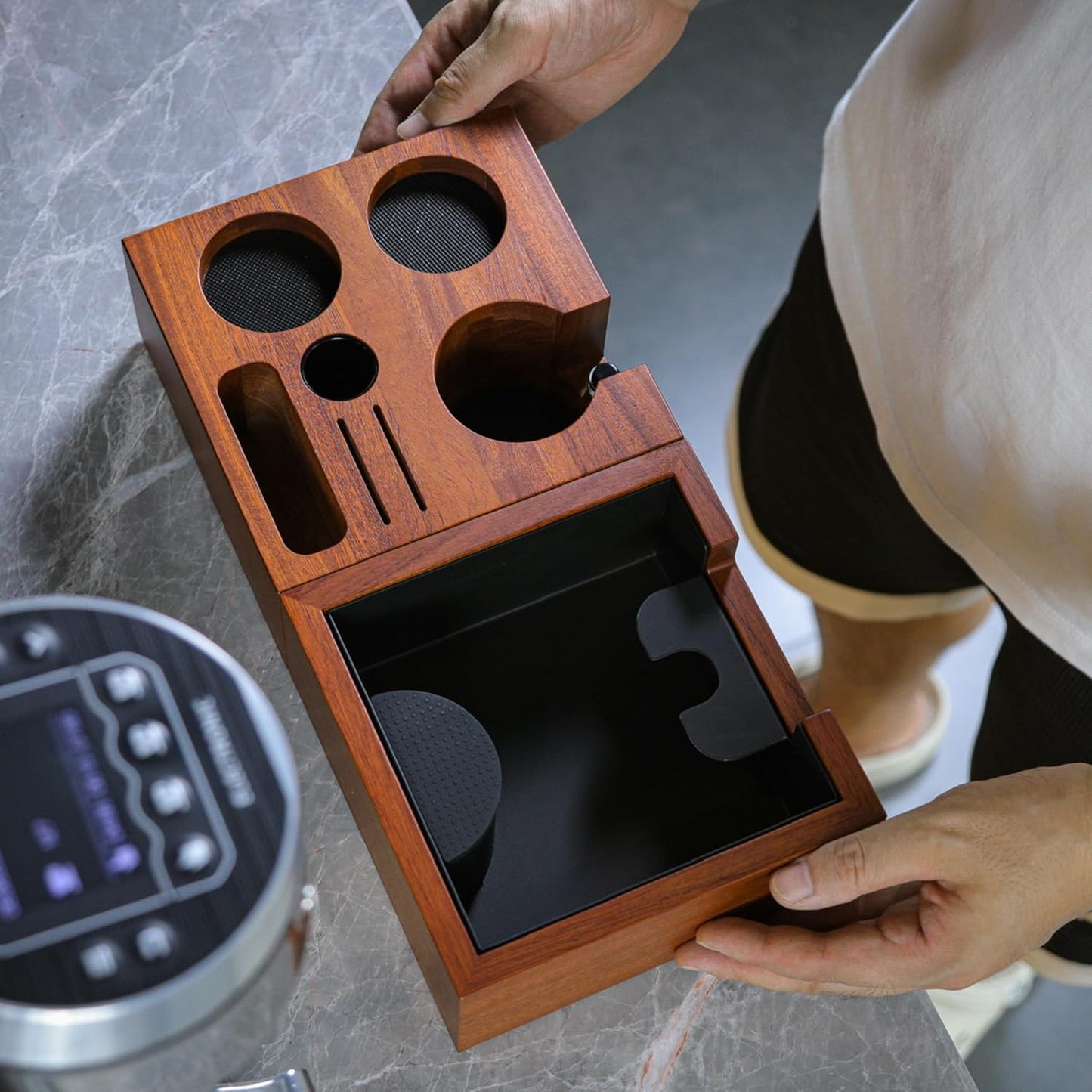 58mm Gaggia Espresso Accessories Kit –Rosewood Naked Portafilter, Auto-Level Espresso Press, Ground Distribution Tool, Wooden Barista Holder & Coffee Puck Knock Bin