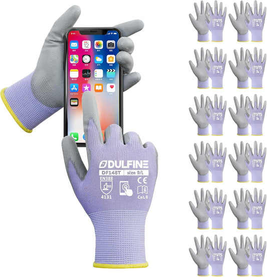 DULFINE Work Gloves for Men PU Coated 12 Pairs Bulk Pack,Purple Seamless Knit Glove with thin Polyurethane,Two Finger Touchscreen, for Men and Women, Ideal for Light Duty Work. (Medium)