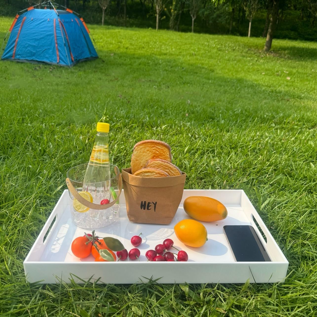 Glossy White Sturdy Acrylic Serving Tray with Handles-12x20 Inch-Serving Coffee Appetizer Breakfast-Kitchen Countertop Makeup Drawer Organizer-Vanity Table Ottoman Decorative Tray