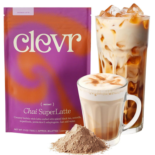 Clevr Blends Chai Tea Latte, Instant Superfood Powder Blend with Oat Milk, Lions Mane, Reishi Mushroom, Black Tea, Organic Spices, Coconut Cream, Ashwagandha, Oprah’s Favorite Things 2022, (30 Lattes)