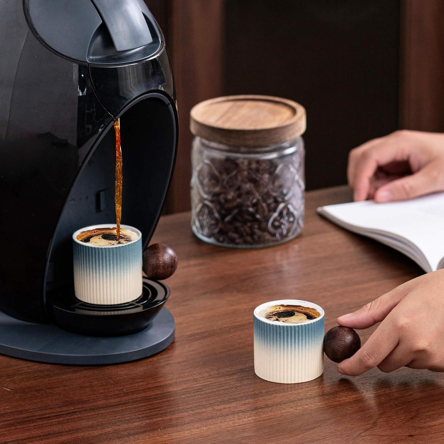 Ceramic Mini Espresso Cups Demitasse Cups with Round Wooden Handle Vertical Stripes Tea Cups (Multicolor-B, 4pcs)