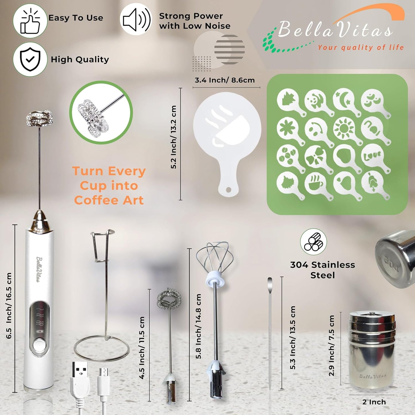 Milk Frother Handheld Rechargeable 3-Speed Electric Frother Wand Whisk Foam Maker Drink Mixer with Stand, 2 Whisks, Spice Shaker, Art Stencils, Art Pen for Coffee Latte, Cappuccino, White