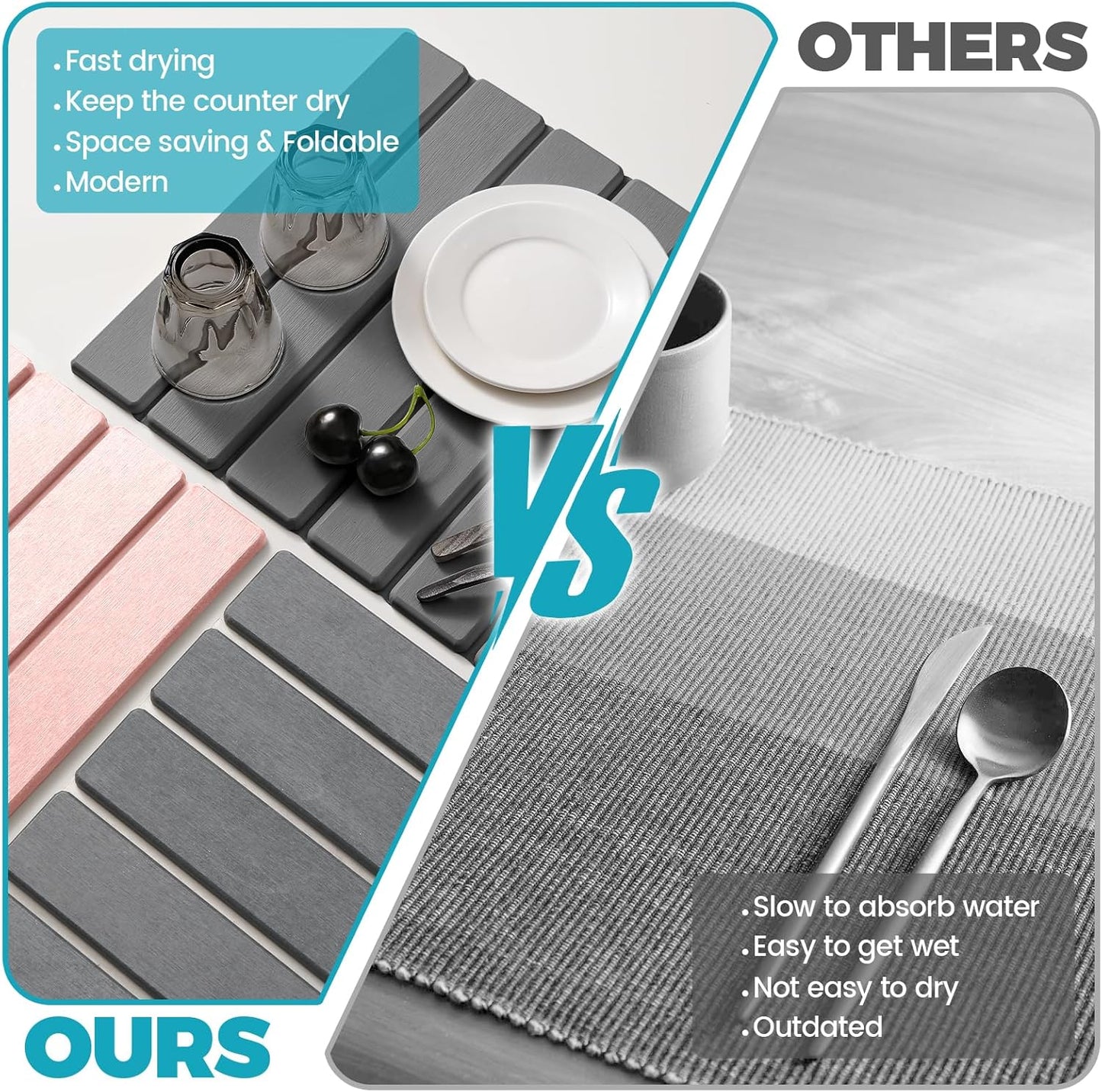 Extral Large Quick Dry Stone Drying Mat for Kitchen Counter,24"(L)x16"(W) Collapsible Eco-Friendly Absorbent Diatomaceous Earth Mat for Dishes Cups,Dish Drying Mats for Any Countertop ﻿