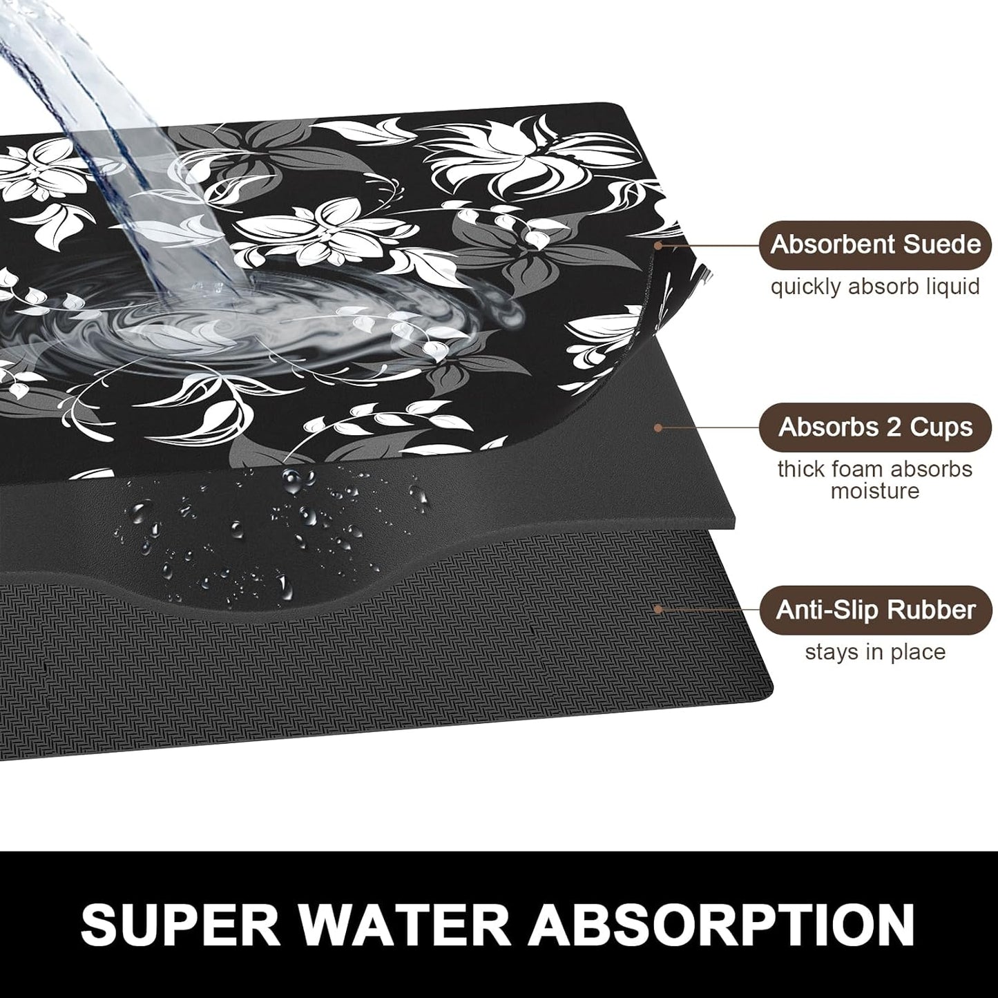 Rnivvi Dish Drying Mat for Kitchen Counter, 16 x 18" Cute Flower Theme Absorbent Heat Resistant Drying Pad with Non-slip Rubber, Coffee Bar Mats for Dish Rack Kitchen Accessories, Black White