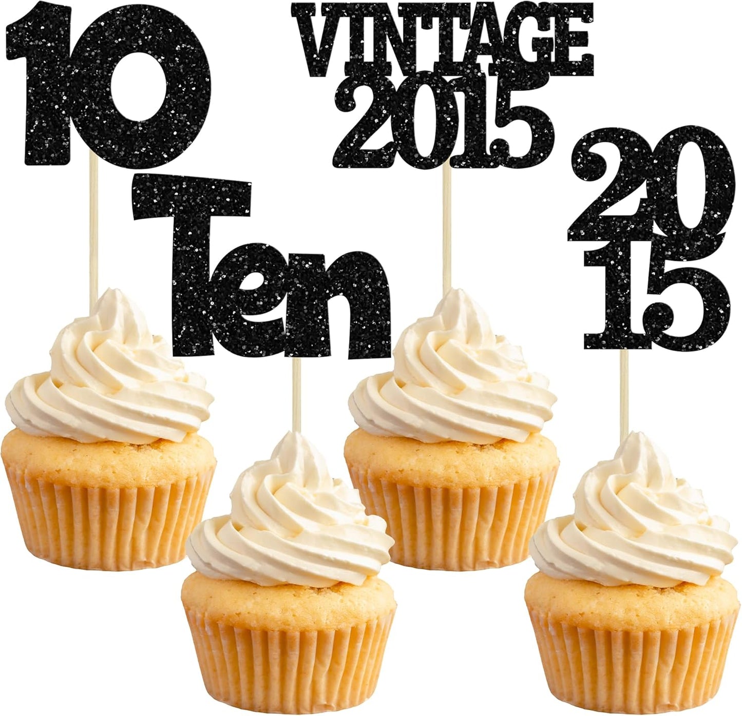 Gyufise 24Pcs 10th Birthday Cupcake Toppers Glitter Ten Vintage 2015 Double Digits 10 Cupcake Picks Hello 10 Years Birthday Cake Decorations for Happy 10th Anniversary Party Supplies Black