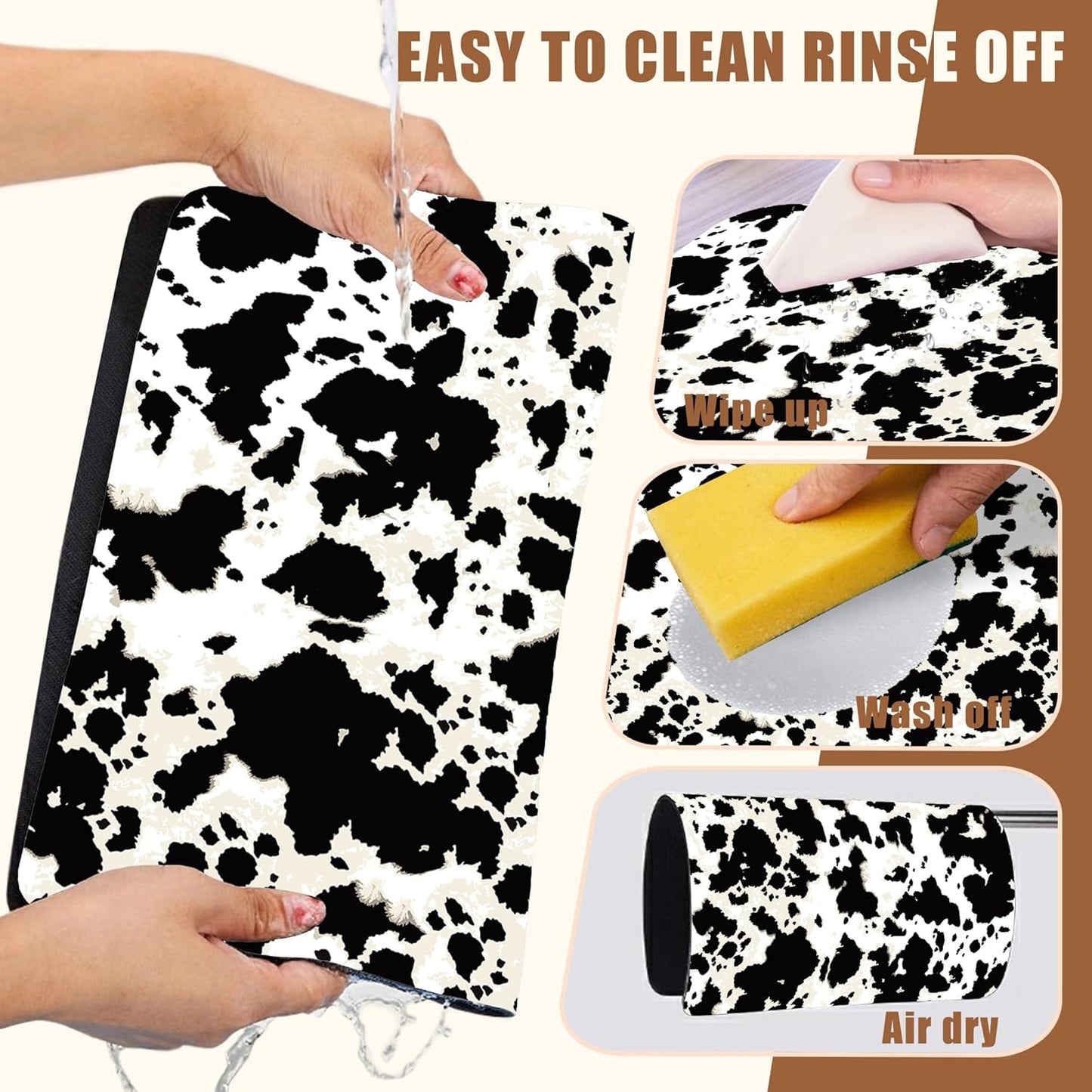 Dish Drying Mat Cow Print Coffee Bar Mat for Countertop Absorbent Hide Stain Rubber Backed Dish Drainer Rack Pad Espresso Machine Dining Room Decoration 11.8 x 19.7 Inch