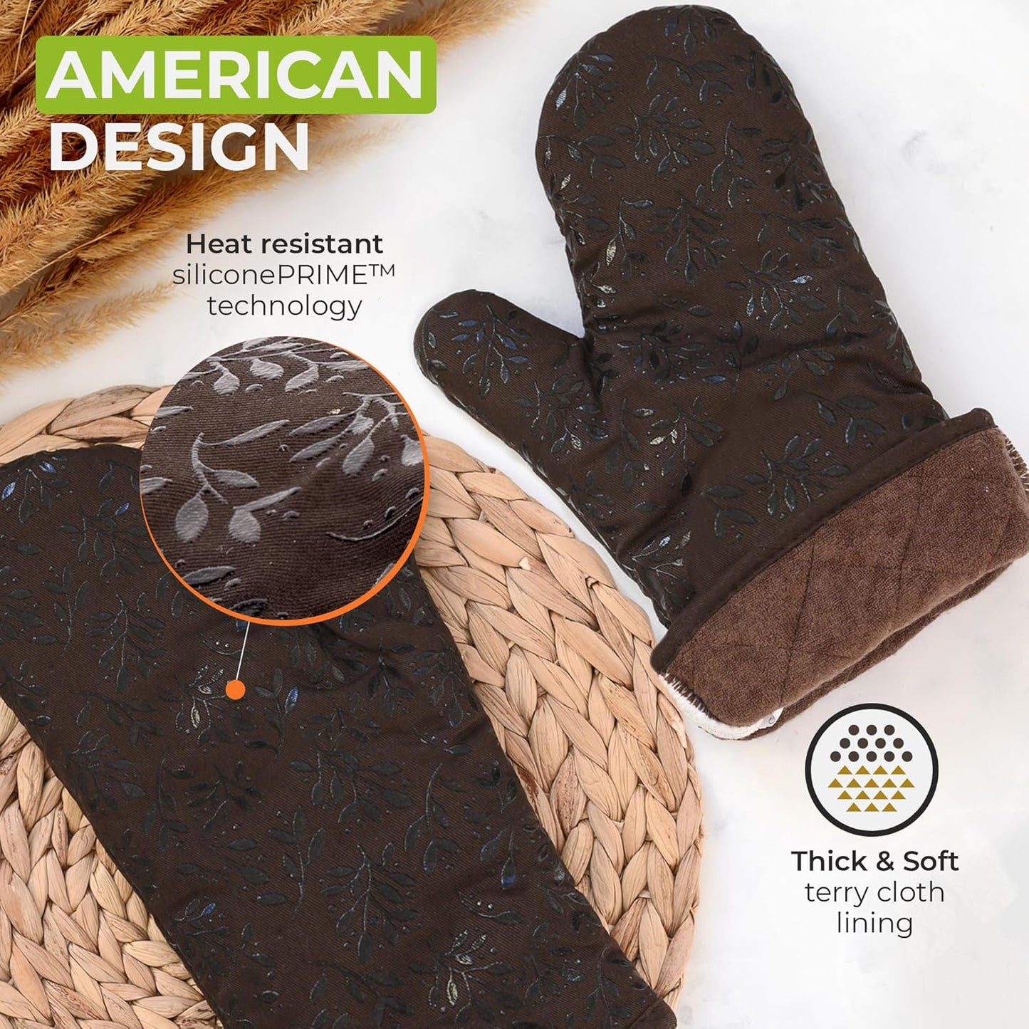 Premium Heat-Resistant Oven Mitts - Stylish and Beautiful - Non-Slip Platinum Silicone Grip - Long and Thick - 100% Natural Cotton Exterior and Soft Terry Cloth Lining - Set of 2 by Cook'n'Chic