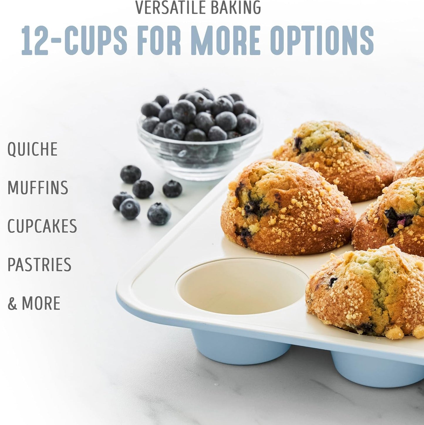 GreenLife 12-Cup Muffin Pan, Healthy Ceramic Nonstick Bakeware, PFOA & PFAS-Free Cupcake Tray, Durable Baking Pan, Versatile Kitchen Essential, Easy Clean Muffin Mold, Nonstick Baking Sheet, Blue Haze