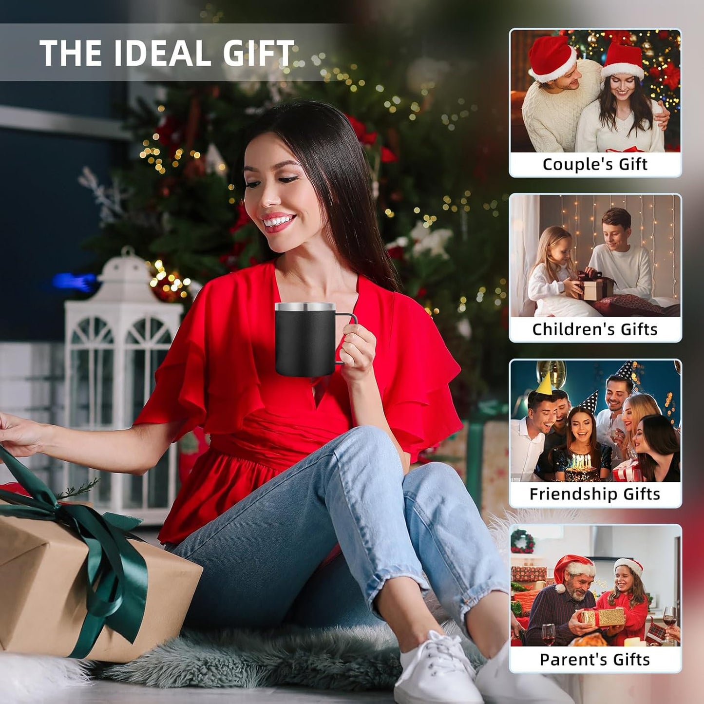 Volhoply 14oz Insulated Stainless Steel Coffee Mug with Lid Bulk 2 Pack,Double Wall Vacuum Travel Coffee Cup with Handle,Reusable Cups Tumbler,Camping Mugs Keep Hot,Ideal Gifts(Black,2 Set)