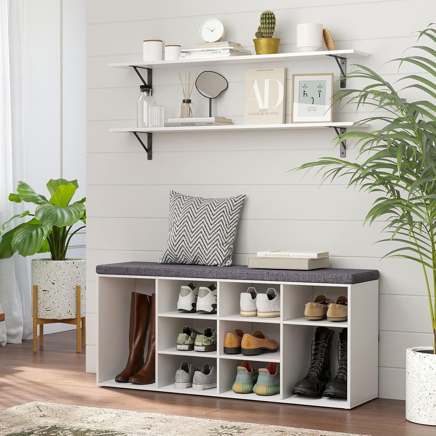 DINZI LVJ Long Wall Shelves, 47.3Inch Wall Mounted Shelves Set of 2, Extra Large Floating Storage Ledges with Sturdy Metal Brackets for Living Room, Bathroom, Bedroom, Kitchen, White