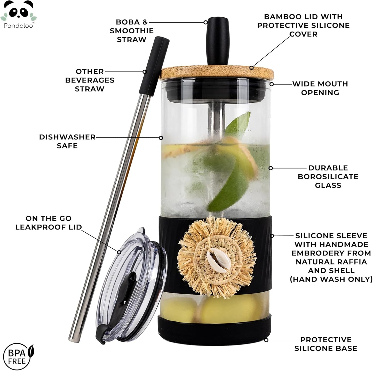 Pandaloo® Glass Cups With Lids and Straws -20 Fl Oz- Hand Made cool shell-raffia detail- Perfect Size Iced Coffee Cup - Smoothie Cup - BPA Free- (Ethnic-Chic Natural, 1 Count (Pack of 1))