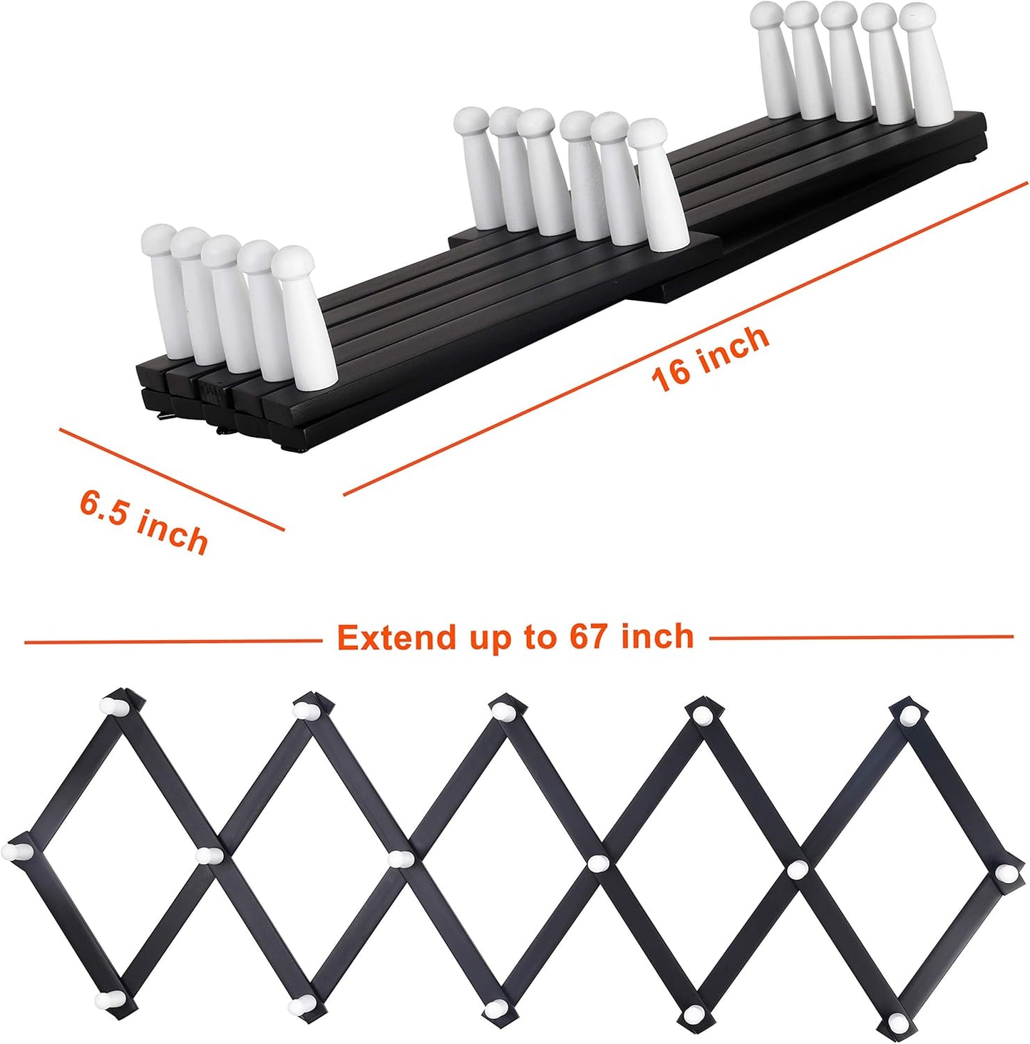 Dseap Accordian Wall Hanger: Wooden Coat Rack Wall Mounted, Hat Racks for Baseball Caps, Mug Rack, 16 Peg Hooks, Black & White