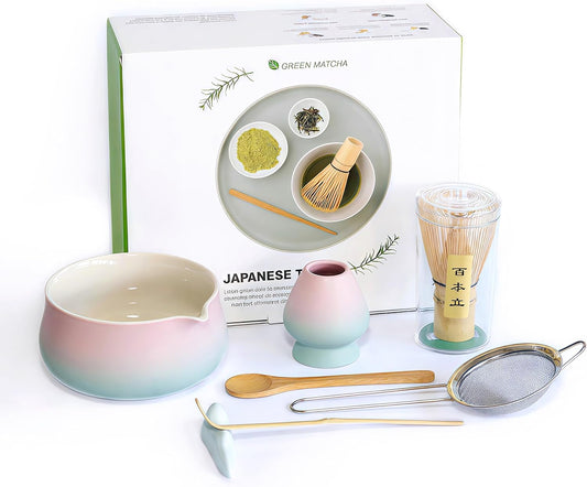Matcha Whisk Set – 7 Pcs Japanese Tea Set with Bowl, Bamboo Whisk, Scoop, Holder, Sifter – Traditional Matcha Kit for Ceremony, Gift for Matcha Lovers