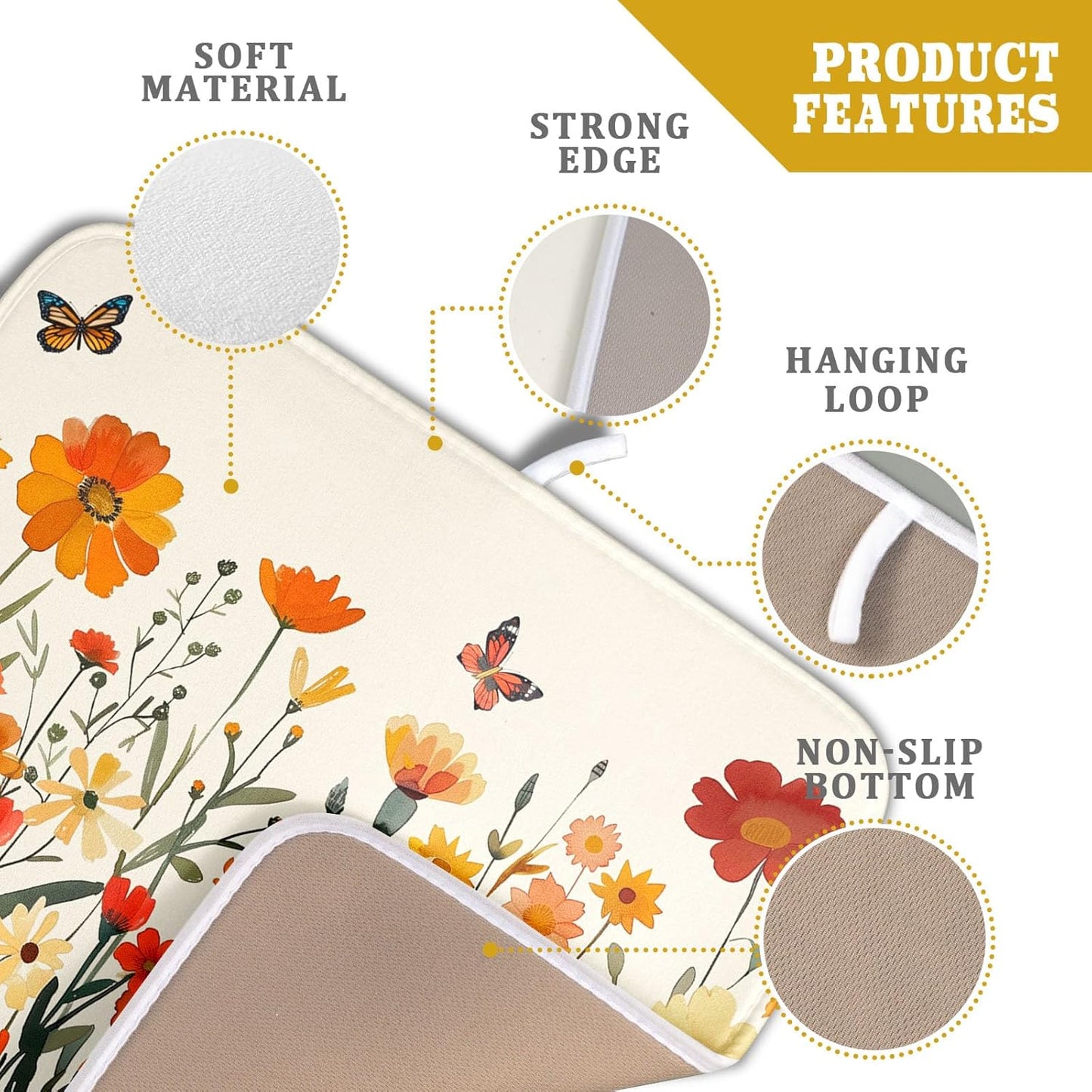 Fall Orange Wildflower Dish Drying Mat for Kitchen Counter,Autumn Floral Butterflies Drying Mat 16 x 18 Inch with Absorbent Reversible Microfiber Dish Drying Pad Dish Pad for Coffee Bar