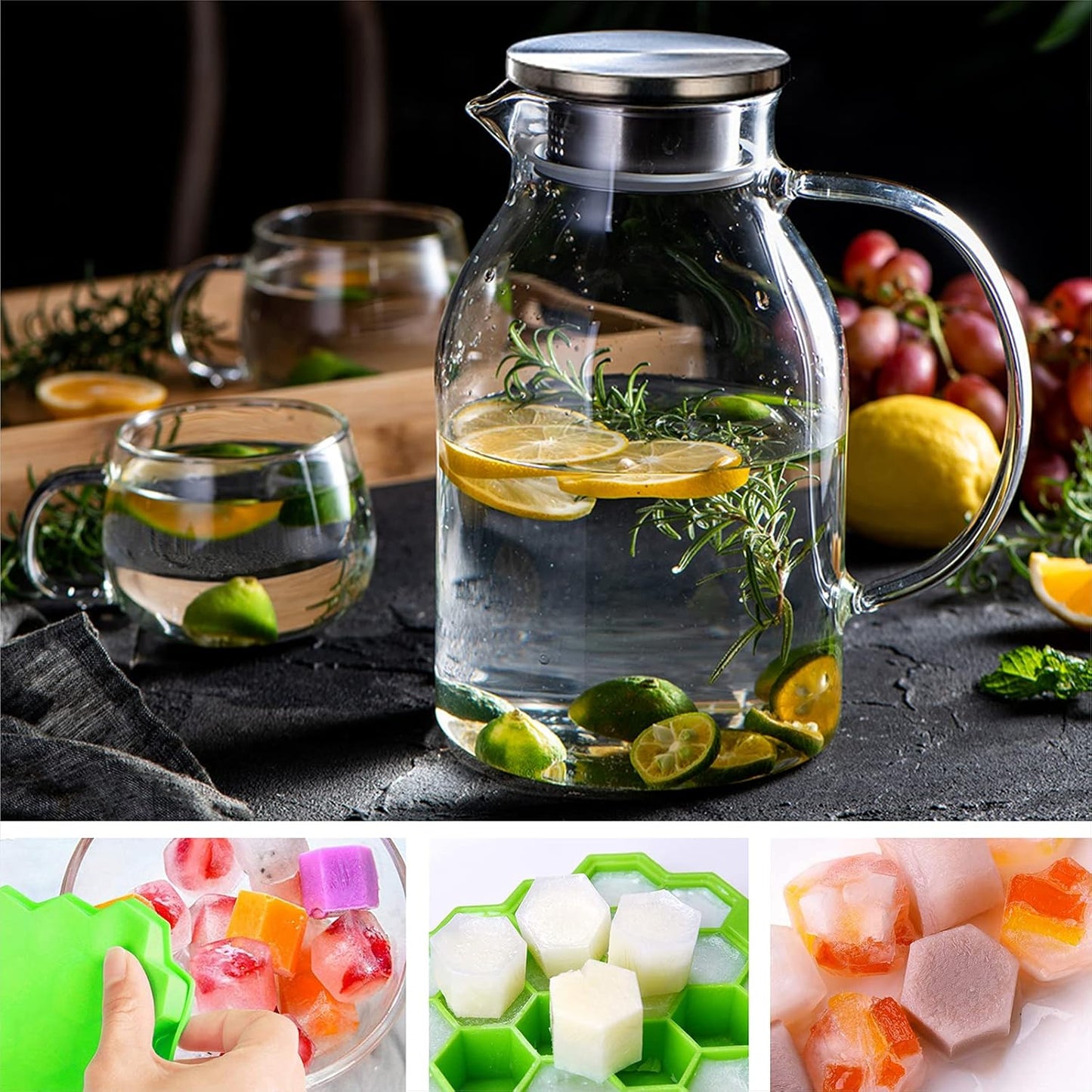 88oz Glass Pitcher with Lid and Handle - High Heat Resistance Glass Water Pitcher for Hot/Cold Water & Iced Tea with Ice Tray (2.6L)