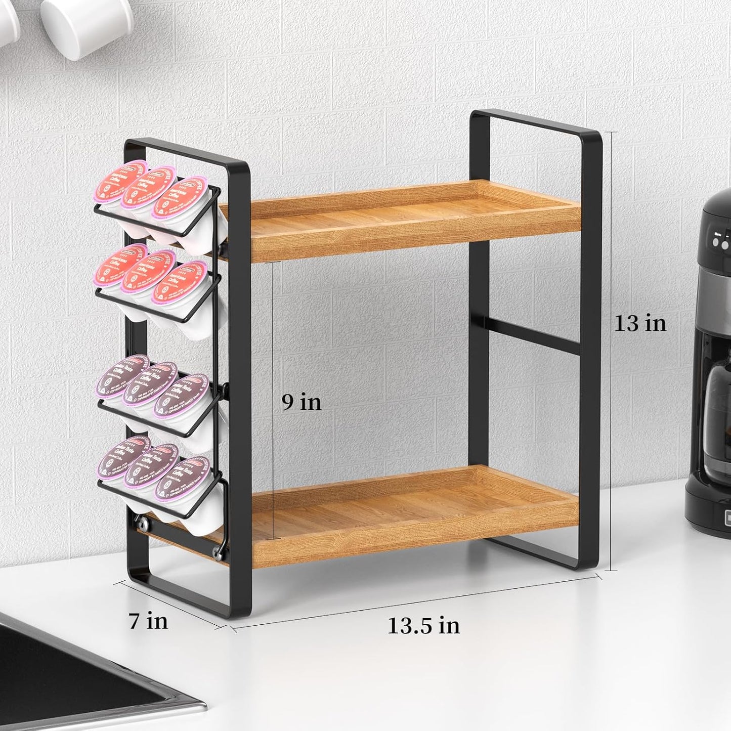 LEMIKKLE Coffee Station Organizer for Counter,Condiment Storage Caddy for Kitchen,2 Tier Wooden Shelf for Coffee Bar Accessories,Coffee Bar Organizer for Kitchen, Home, Office-Brown