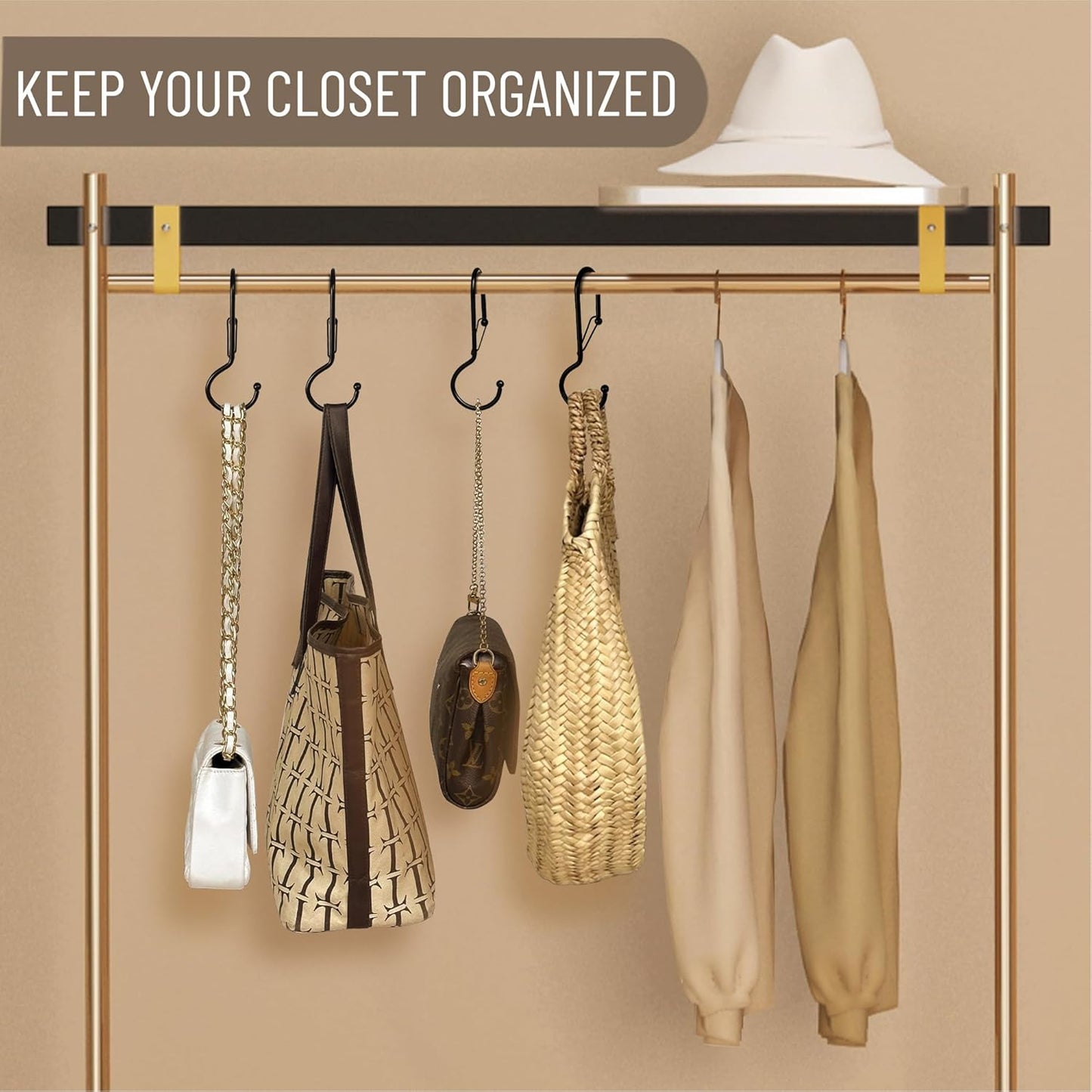 6 Purse Hanger for Closet. Tote Hanger. S-Shaped Hooks S Hooks Twist Design. Anti Drop S-Shaped Hook for Hanging Handbags with Safety Buckle to Prevent Falls. Heavy Duty. (Black, Twisted)