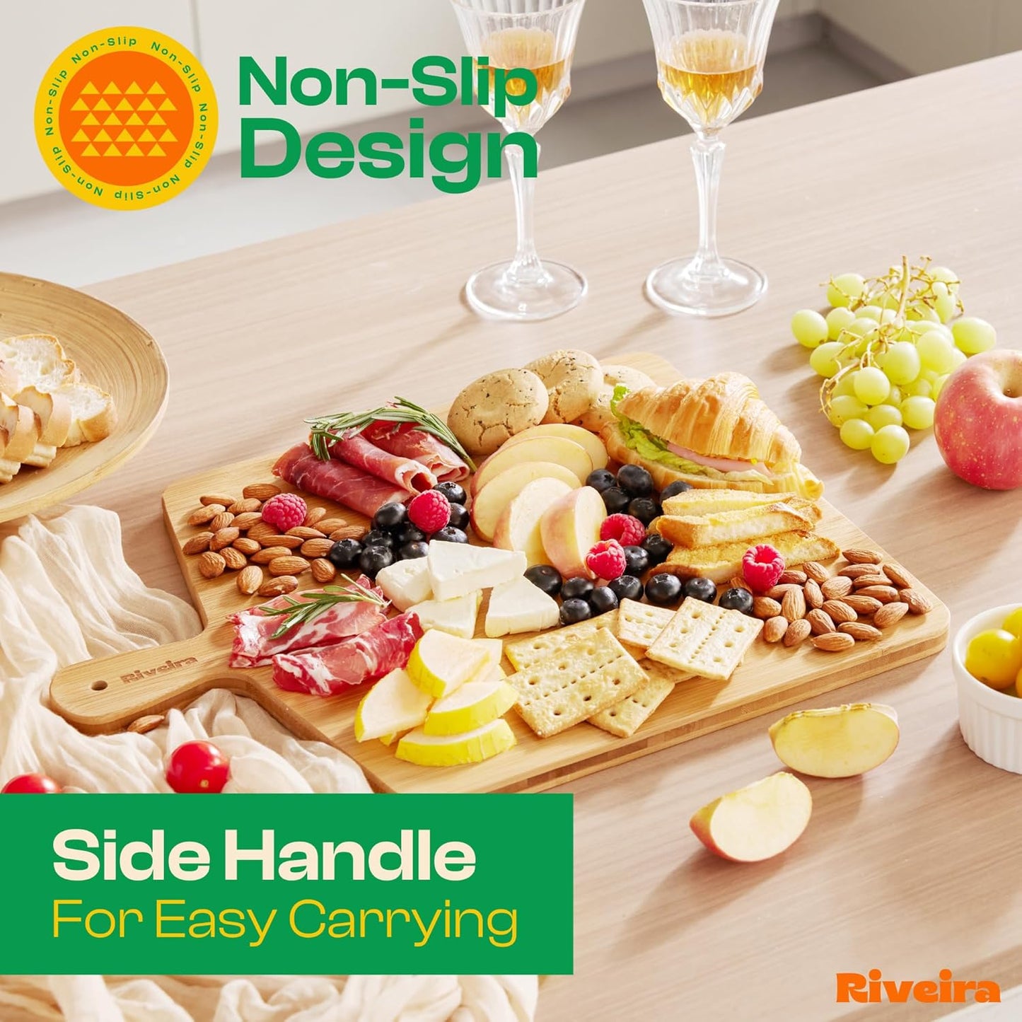 Riveira Brown Bamboo Wood Cutting Board – Gourmet Bamboo Grandeur: 17 x 13 Wooden Cutting Board – Wooden Cutting Boards For Kitchen Decorative – Innovative Juice Grooves Wooden Chopping Board