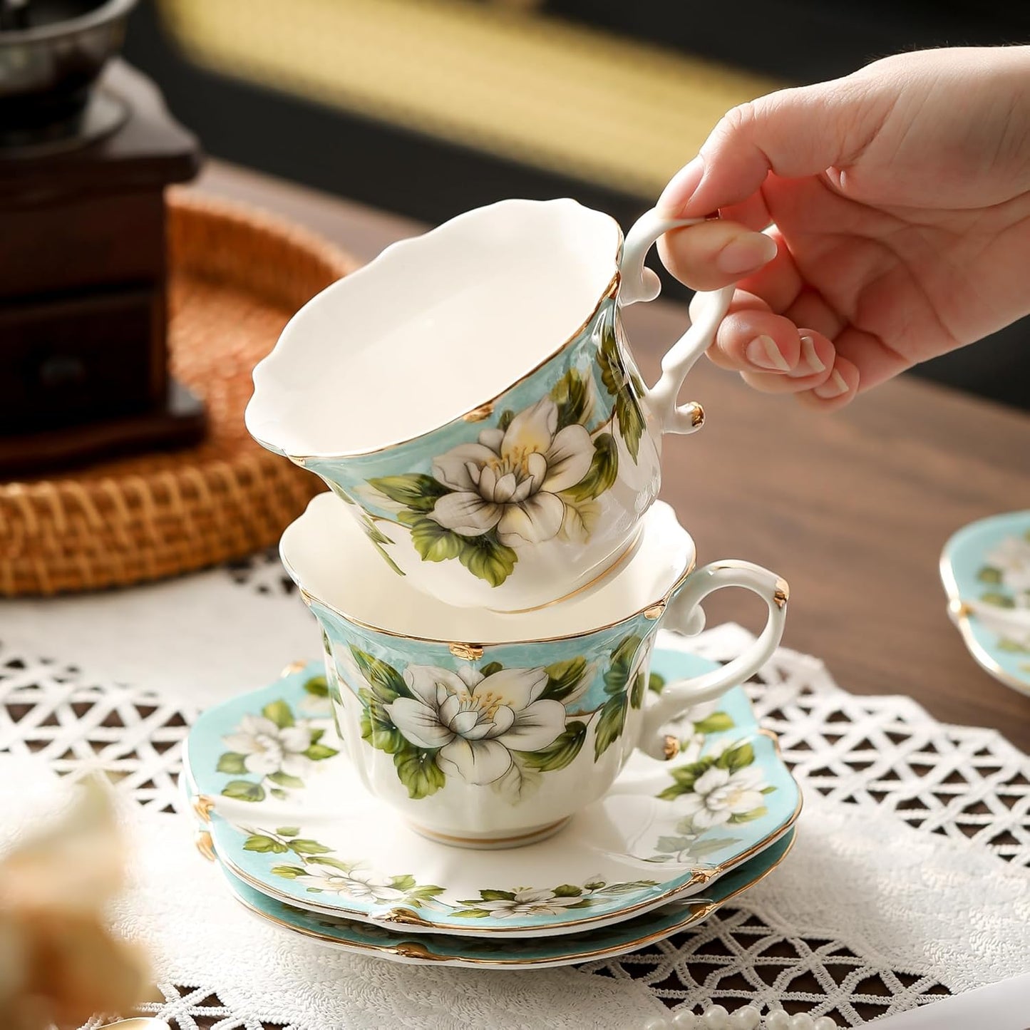 TATSUMI Country Roses Bone China Tea Cup and Saucer Set, 6 Pieces, Vintage Style, For Women and Tea Parties(Light Green, 2 sets)