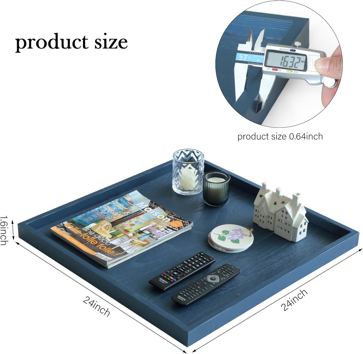 Square Ottoman Table Tray 24" - Rustic Wooden Serving Tray for Farmhouse Decorative Oversized Coffee Table Trays Living Room Kitchen Counter Breakfast Blue