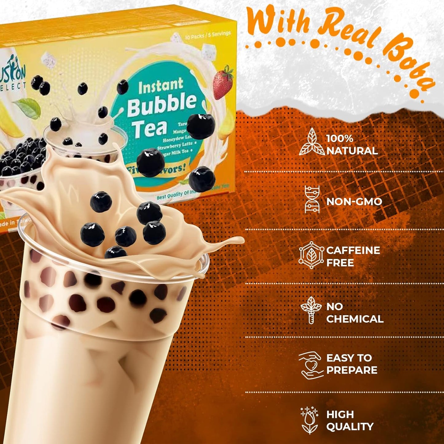 Fusion Select Authentic Bubble Tea Kit Extra Rich (5 Packs) Bubble Tea Drink, Boba Tapioca Pearl, Straws, Popular Bubble Tea Flavors (10 Flavors)