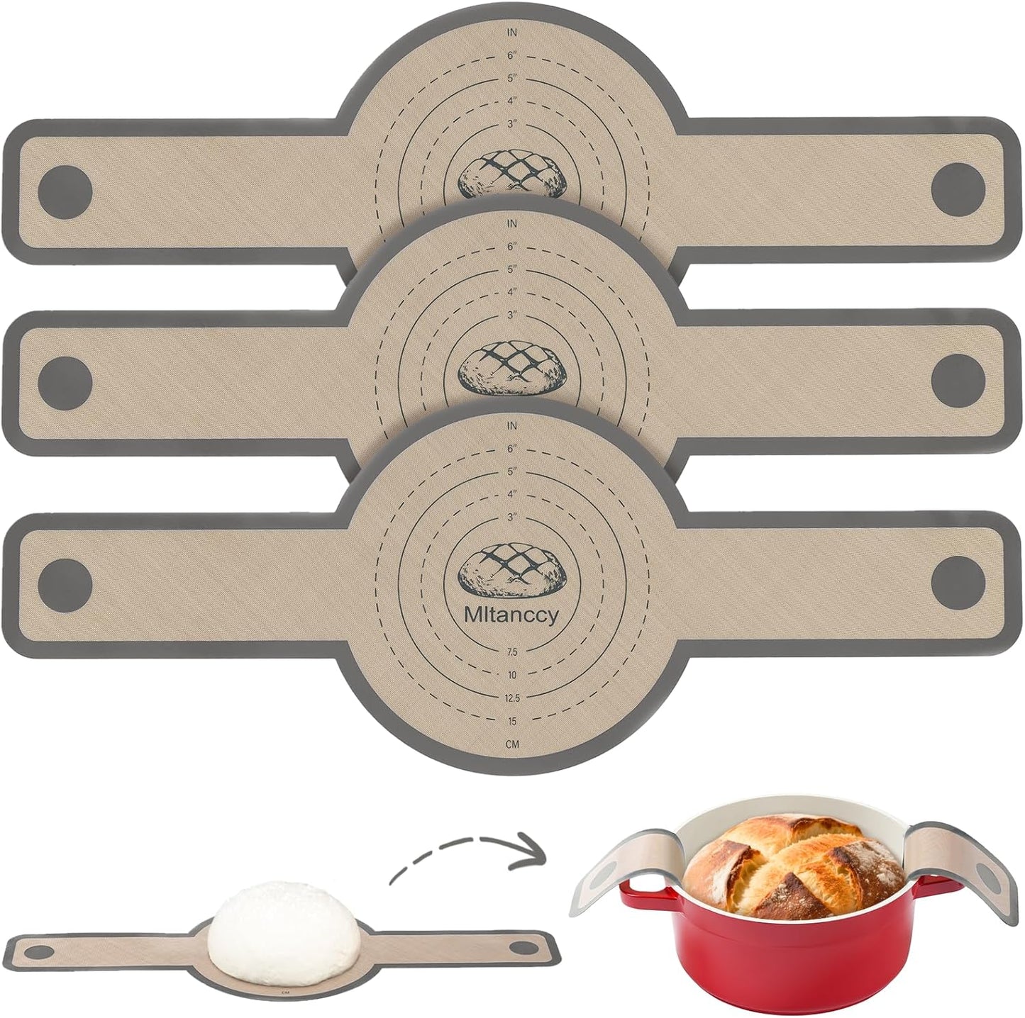 3 PCS Silicone Bread Sling for Dutch Oven Liners, Non Stick & Easy to Clean Silicone Bread Baking Mat with Extra Long Handles, Reusable Round Silicone Baking Mats to Transfer Sourdough Bread