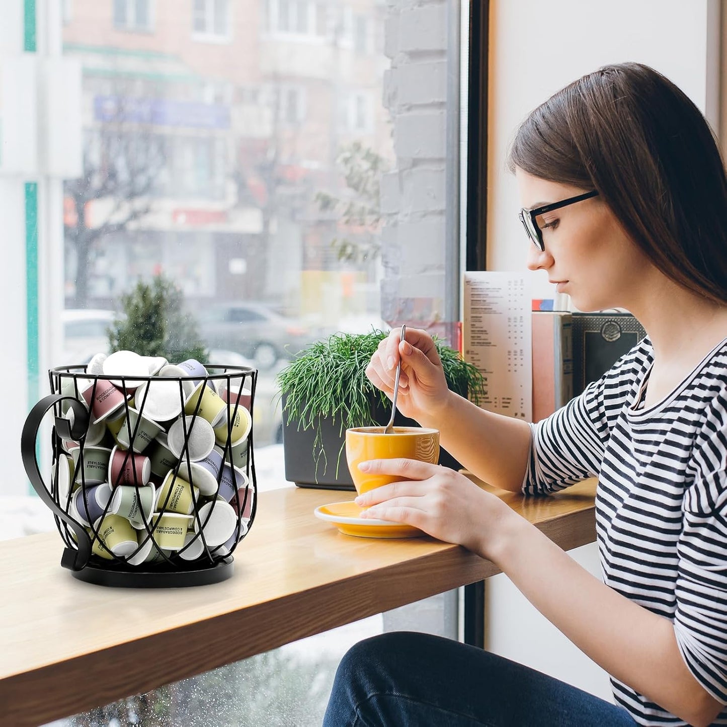Coffee Pod Holder Organizer, Large Capacity K Cup Holder Organizer, Storage Basket for Kitchen Countertop Office Coffee Bar with Wooden Base(Rustic Black-Round)