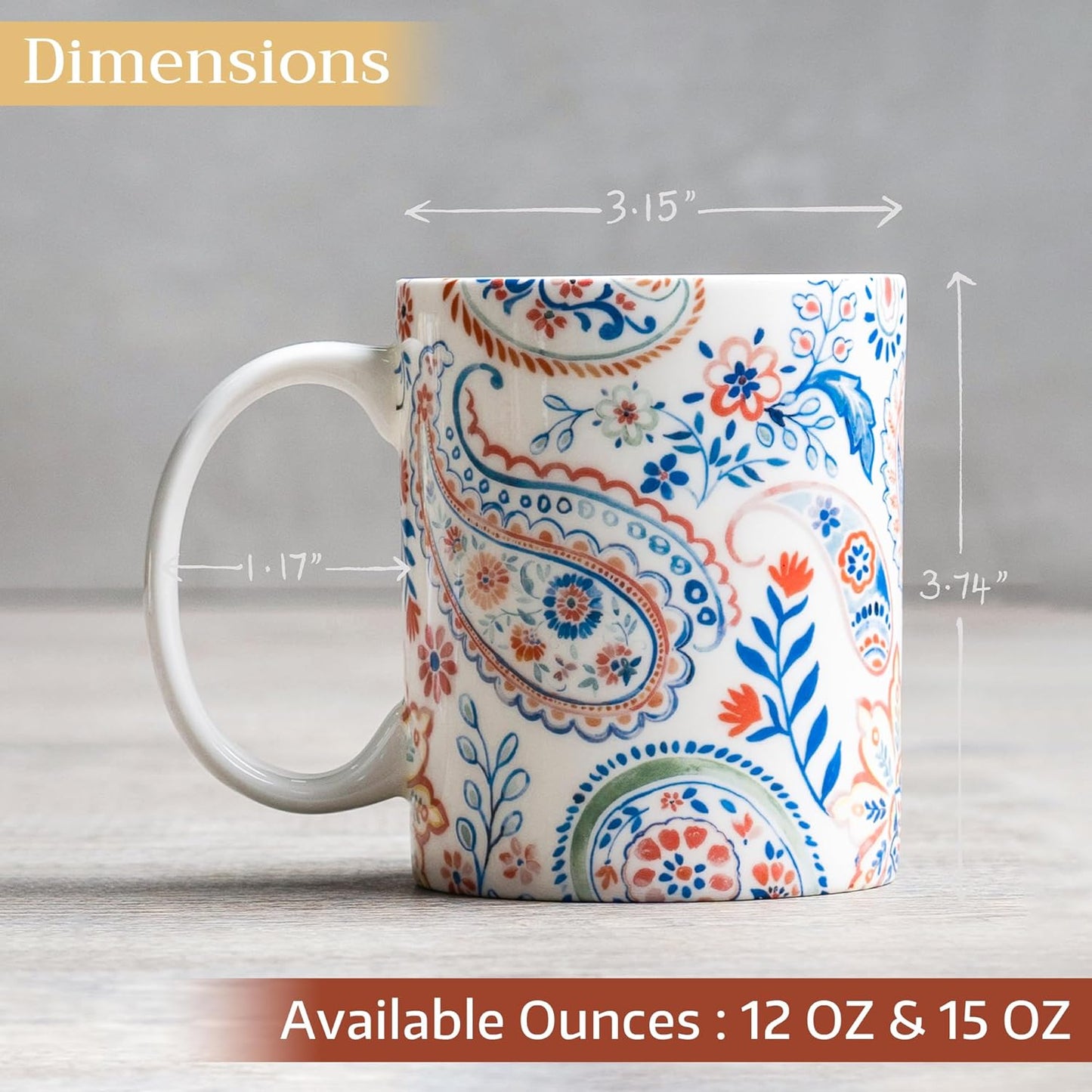 Maison d' Hermine Coffee Mug with Handles Fine Bone China Mugs Pack of One Tea Cups for Hot Beverages Cappuccino Latte Home Restaurant Office Perfect for Gift (Indian Floral - Paisley, 12 Ounce)