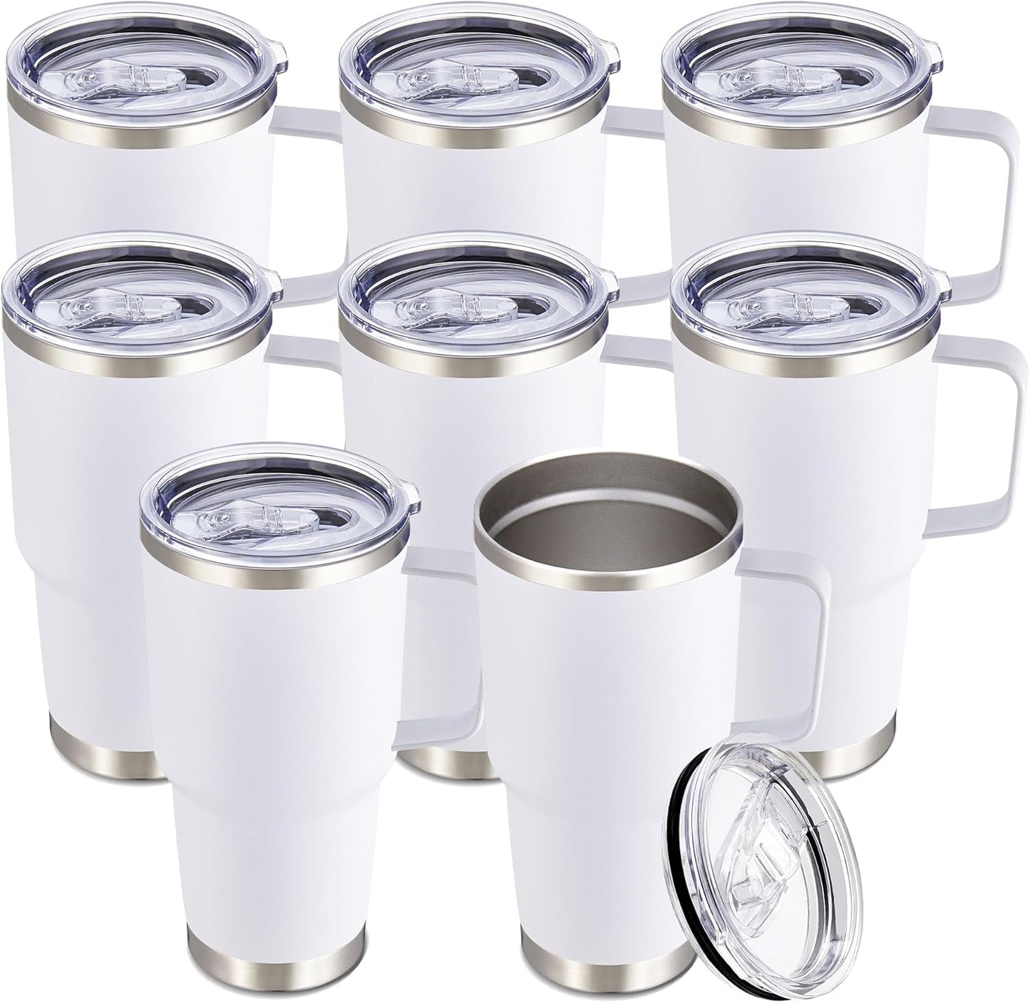 30 oz Tumbler with Handle and Lid, Stainless Steel Tumblers Bulk Double Wall Vacuum Insulated Travel Mug Leak Proof Cup Keep Drinks Cold and Hot White, 8 Pack
