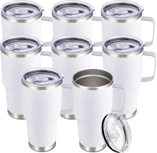 30 oz Tumbler with Handle and Lid, Stainless Steel Tumblers Bulk Double Wall Vacuum Insulated Travel Mug Leak Proof Cup Keep Drinks Cold and Hot White, 8 Pack