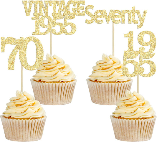 Gyufise 24Pcs 70th Birthday Cupcake Toppers Glitter Cheers to 70 Fabulous Seventy Vintage 1955 Cupcake Picks 70th Birthday Wedding Anniversary Party Cake Decorations Supplies Gold