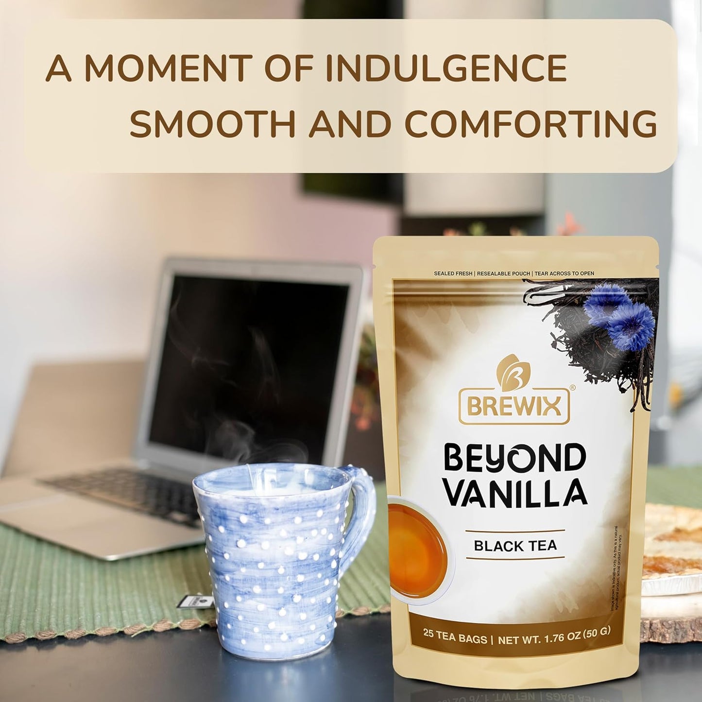 BREWIX, Vanilla Caramel Dessert Tea (25 Pyramid Black Tea Bags) | Naturally Flavored, Caffeinated & Sugar-Free | A Cozy & Indulgent Brew for Anytime Cravings